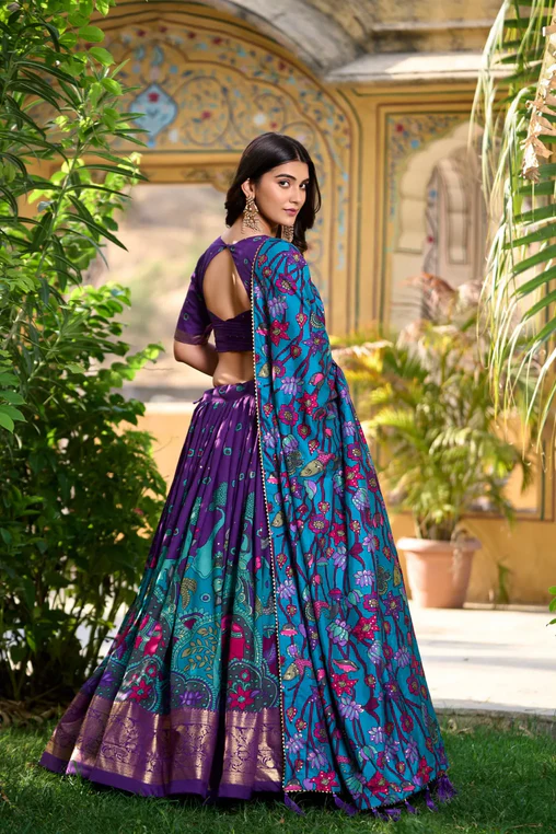 Stunning Tussar Silk Kalamkari Printed Foil Worked Lehenga Choli - INDIAN ELEGANCE