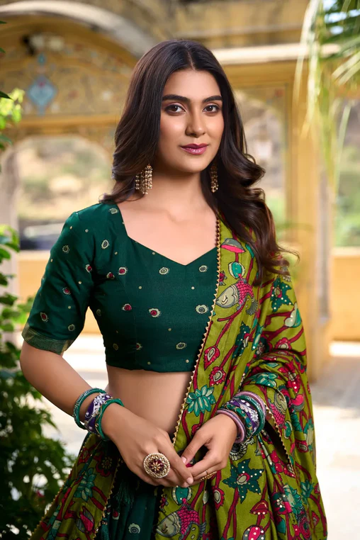 Stunning Tussar Silk Kalamkari Printed Foil Worked Lehenga Choli - INDIAN ELEGANCE