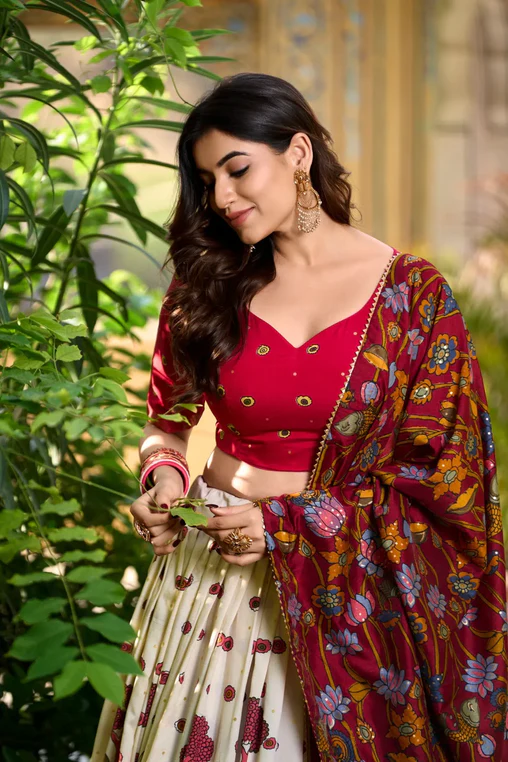Stunning Tussar Silk Kalamkari Printed Foil Worked Lehenga Choli - INDIAN ELEGANCE