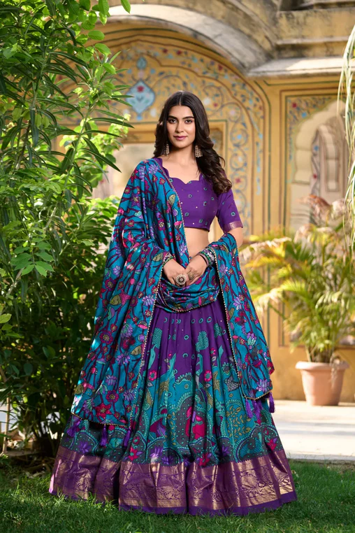 Stunning Tussar Silk Kalamkari Printed Foil Worked Lehenga Choli - INDIAN ELEGANCE