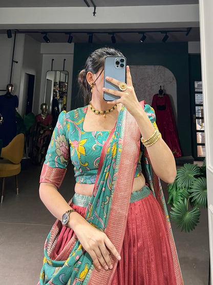Spectacular Jacquard Silk Kalamkari Printed Lehenga Choli Set - INDIAN ELEGANCE