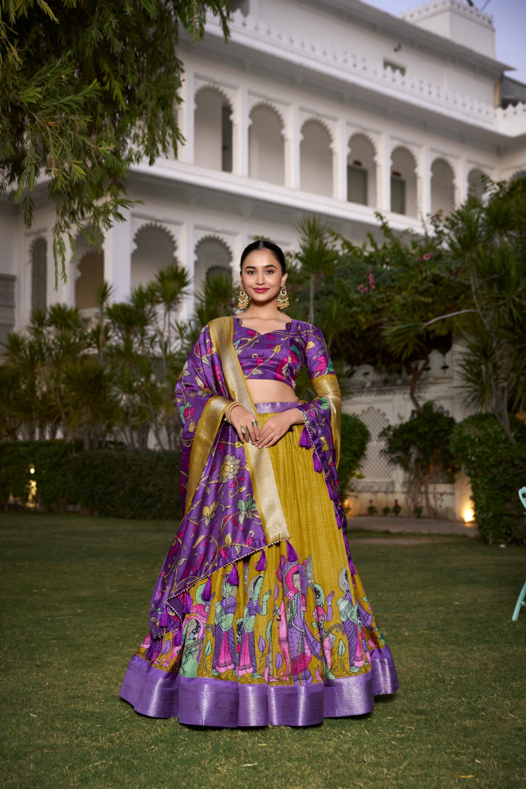 Spectacular Jacquard Silk Kalamkari Printed Lehenga Choli Set - INDIAN ELEGANCE