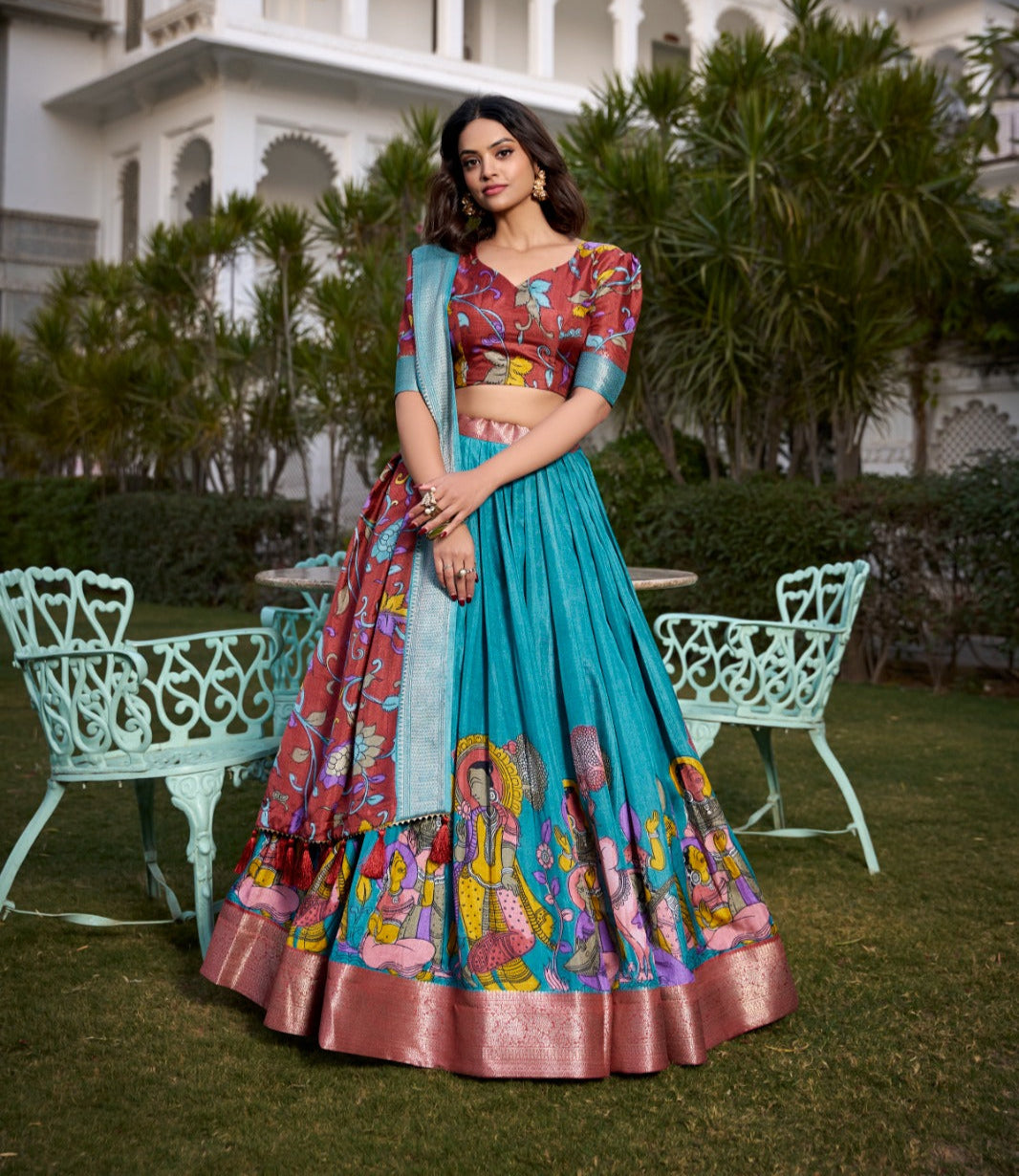 Spectacular Jacquard Silk Kalamkari Printed Lehenga Choli Set - INDIAN ELEGANCE