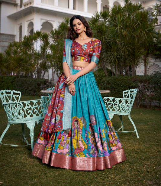 Spectacular Jacquard Silk Kalamkari Printed Lehenga Choli Set - INDIAN ELEGANCE