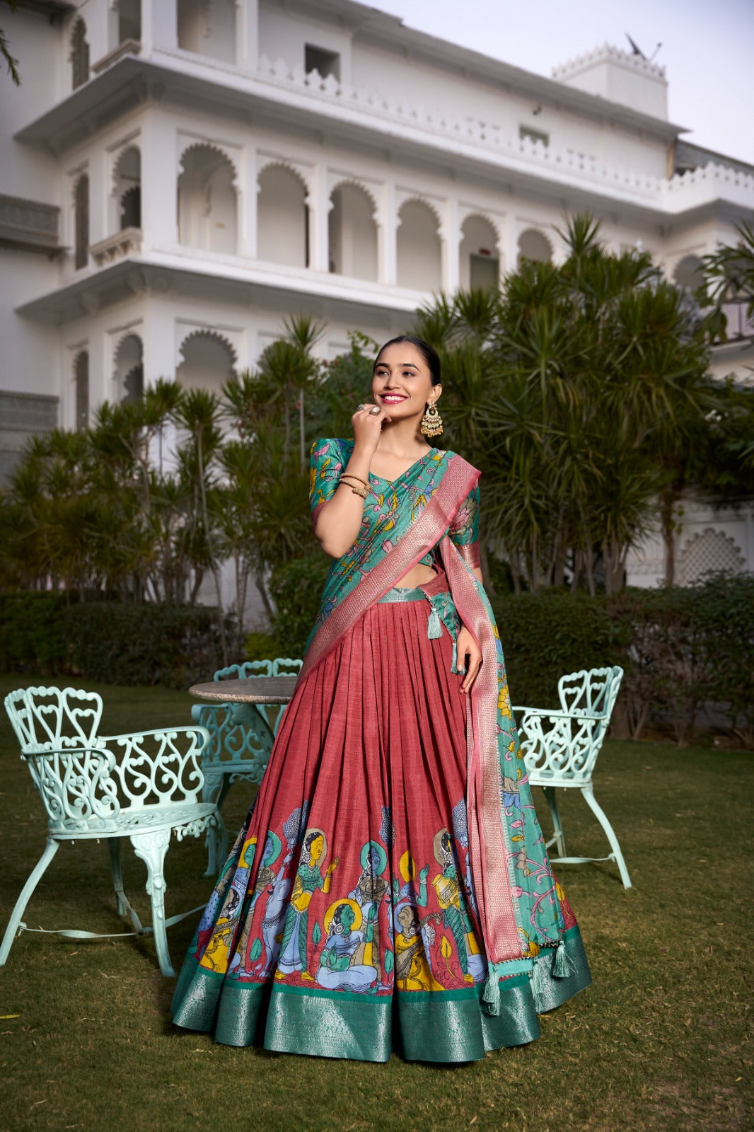 Spectacular Jacquard Silk Kalamkari Printed Lehenga Choli Set - INDIAN ELEGANCE