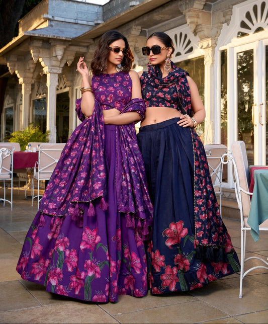 Stunning Tussar Silk Floral Printed Foil Worked Lehenga Choli - INDIAN ELEGANCE