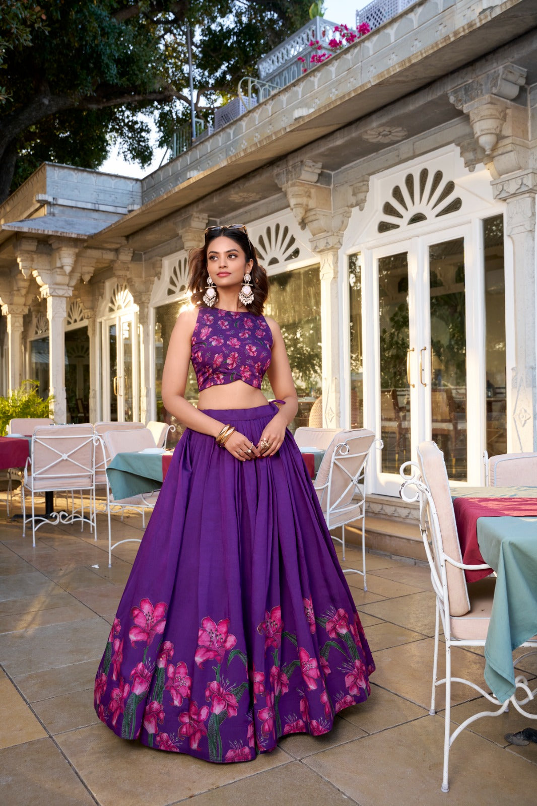 Stunning Tussar Silk Floral Printed Foil Worked Lehenga Choli - INDIAN ELEGANCE
