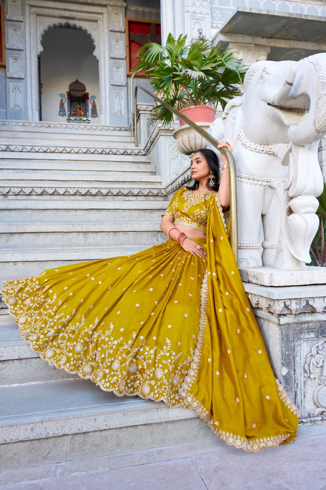 Stylish Mustard Yellow Vichitra Silk Sequins Thread Worked Lehenga Choli - INDIAN ELEGANCE