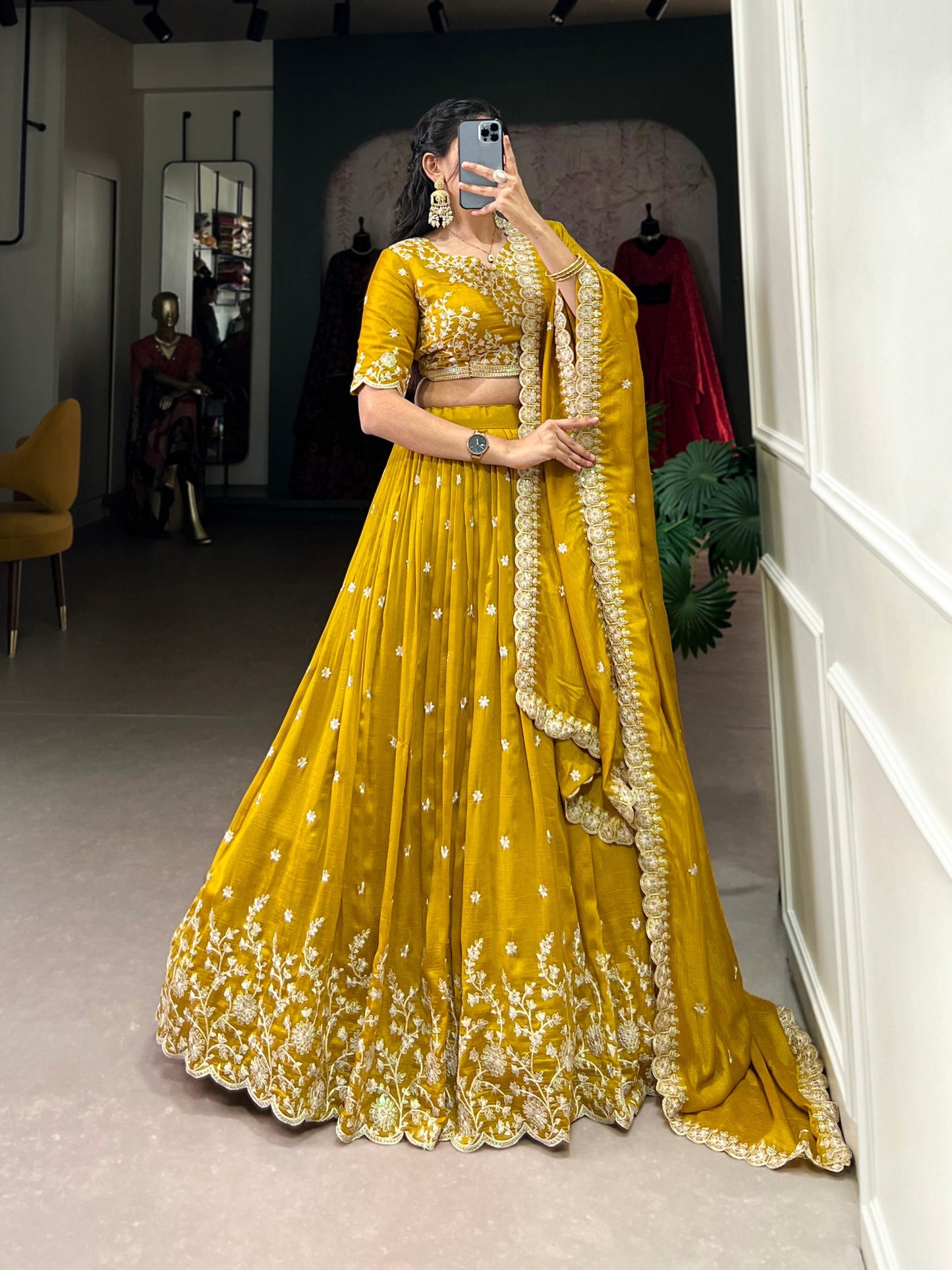 Stylish Mustard Yellow Vichitra Silk Sequins Thread Worked Lehenga Choli - INDIAN ELEGANCE