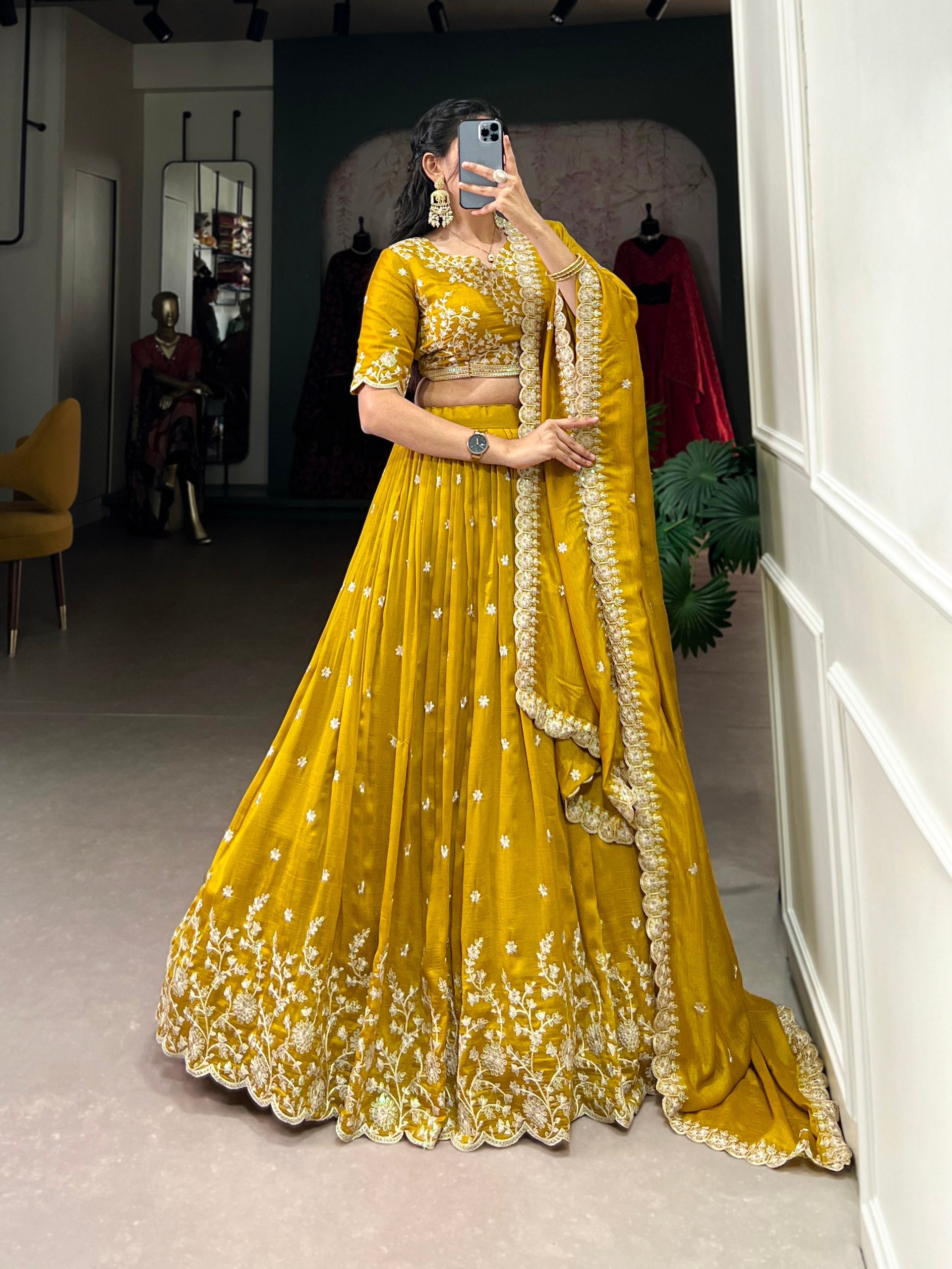 Stylish Mustard Yellow Vichitra Silk Sequins Thread Worked Lehenga Choli - INDIAN ELEGANCE