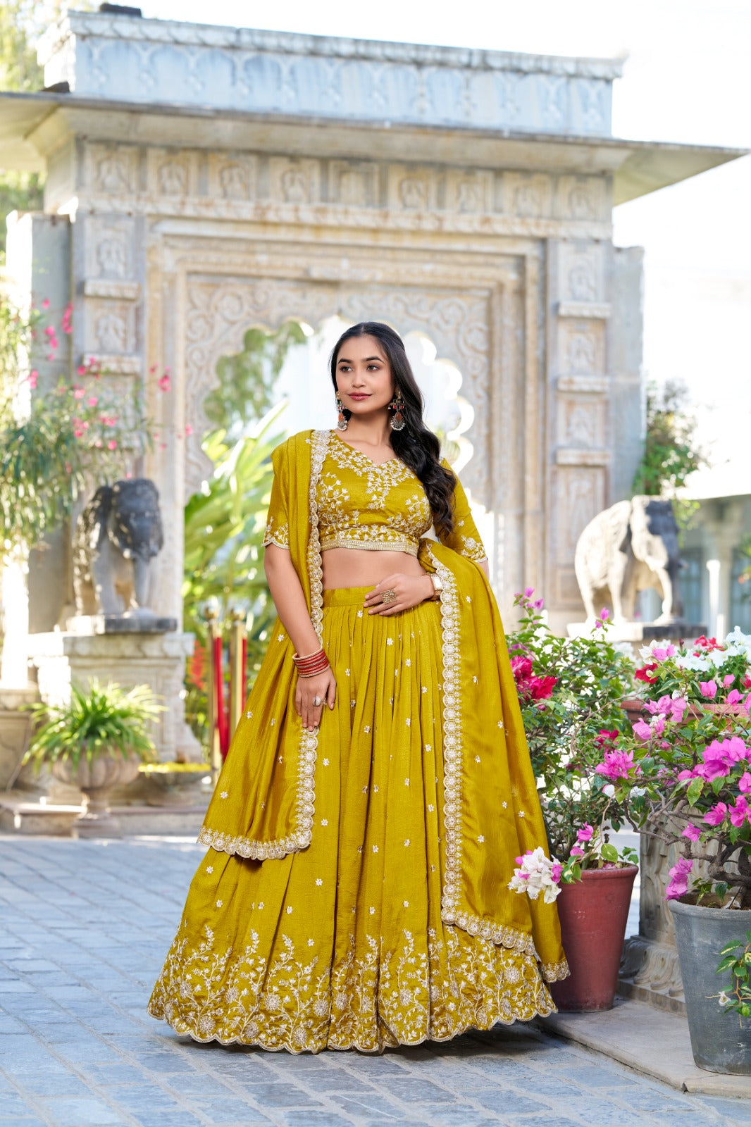 Stylish Mustard Yellow Vichitra Silk Sequins Thread Worked Lehenga Choli - INDIAN ELEGANCE