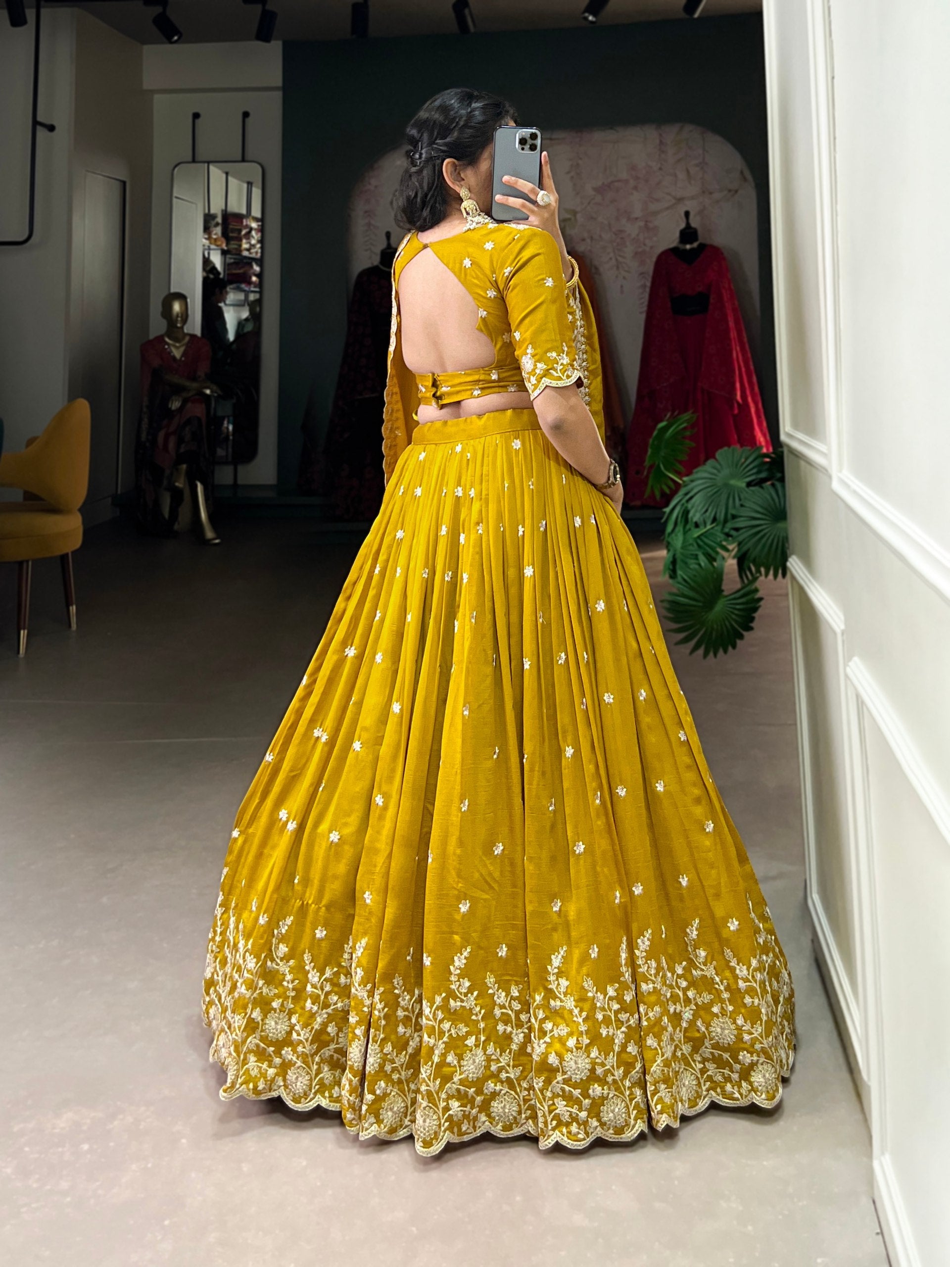 Stylish Mustard Yellow Vichitra Silk Sequins Thread Worked Lehenga Choli - INDIAN ELEGANCE