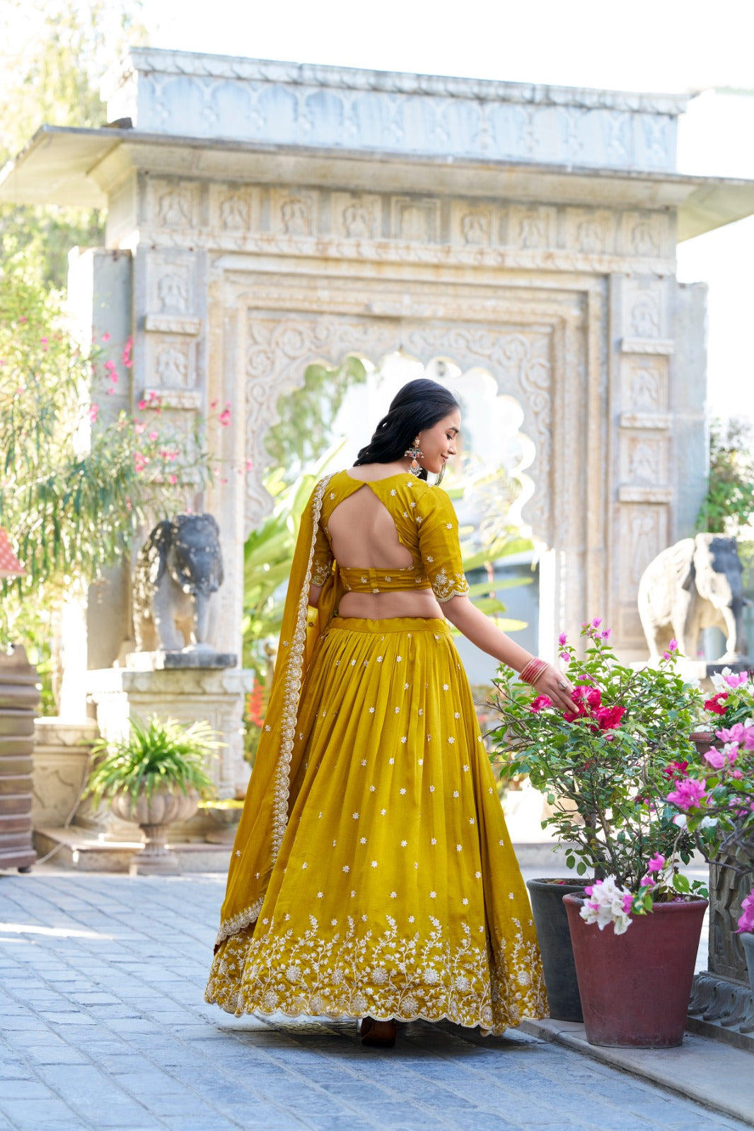 Stylish Mustard Yellow Vichitra Silk Sequins Thread Worked Lehenga Choli - INDIAN ELEGANCE
