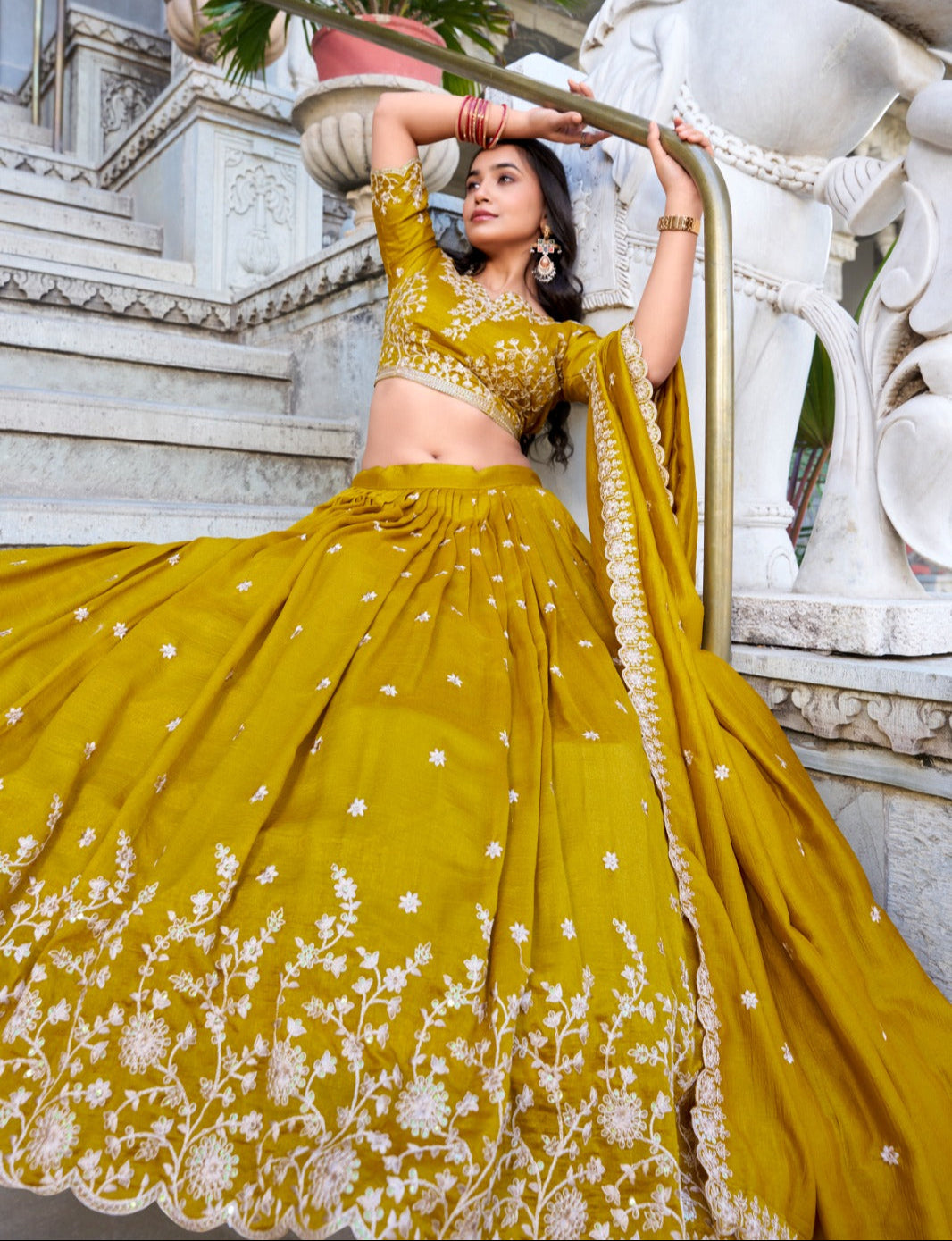 Stylish Mustard Yellow Vichitra Silk Sequins Thread Worked Lehenga Choli - INDIAN ELEGANCE