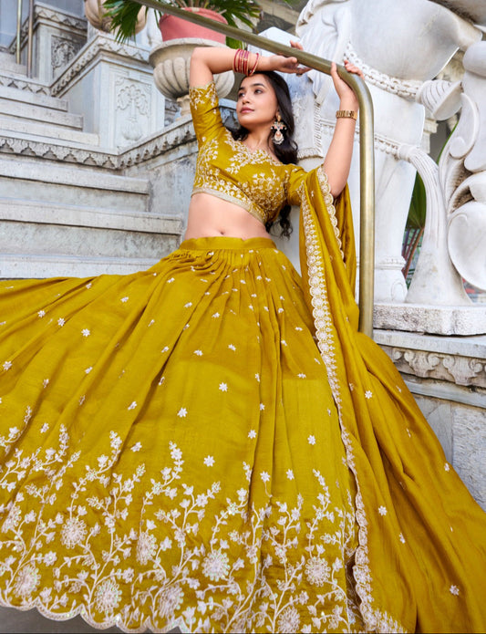 Stylish Mustard Yellow Vichitra Silk Sequins Thread Worked Lehenga Choli - INDIAN ELEGANCE