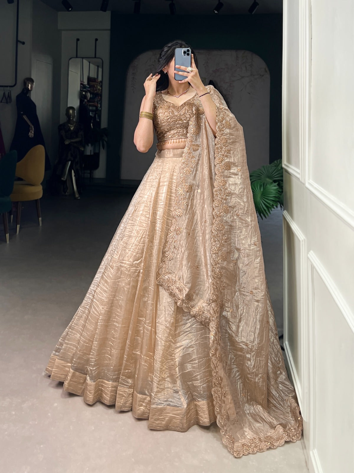 Luminous Chikoo Gold Crush Sequins Thread Worked Lehenga Choli - Festive Occasion