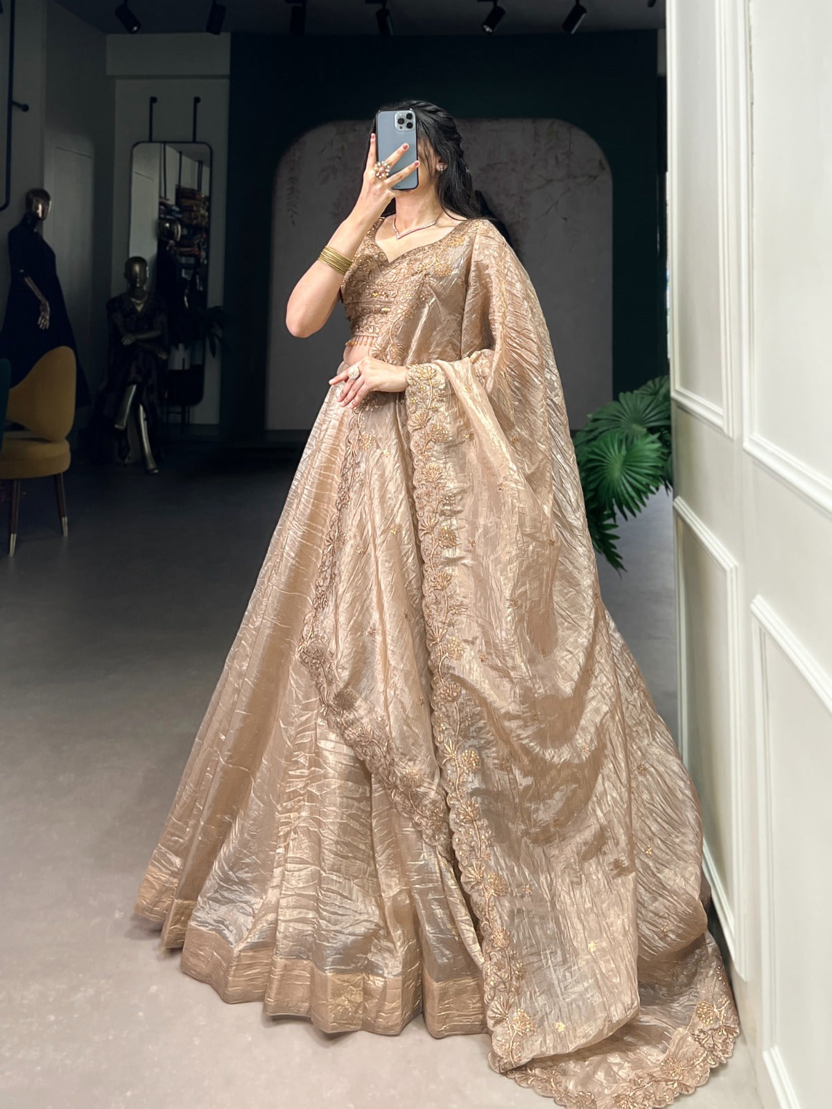 Luminous Chikoo Gold Crush Sequins Thread Worked Lehenga Choli - Festive Occasion