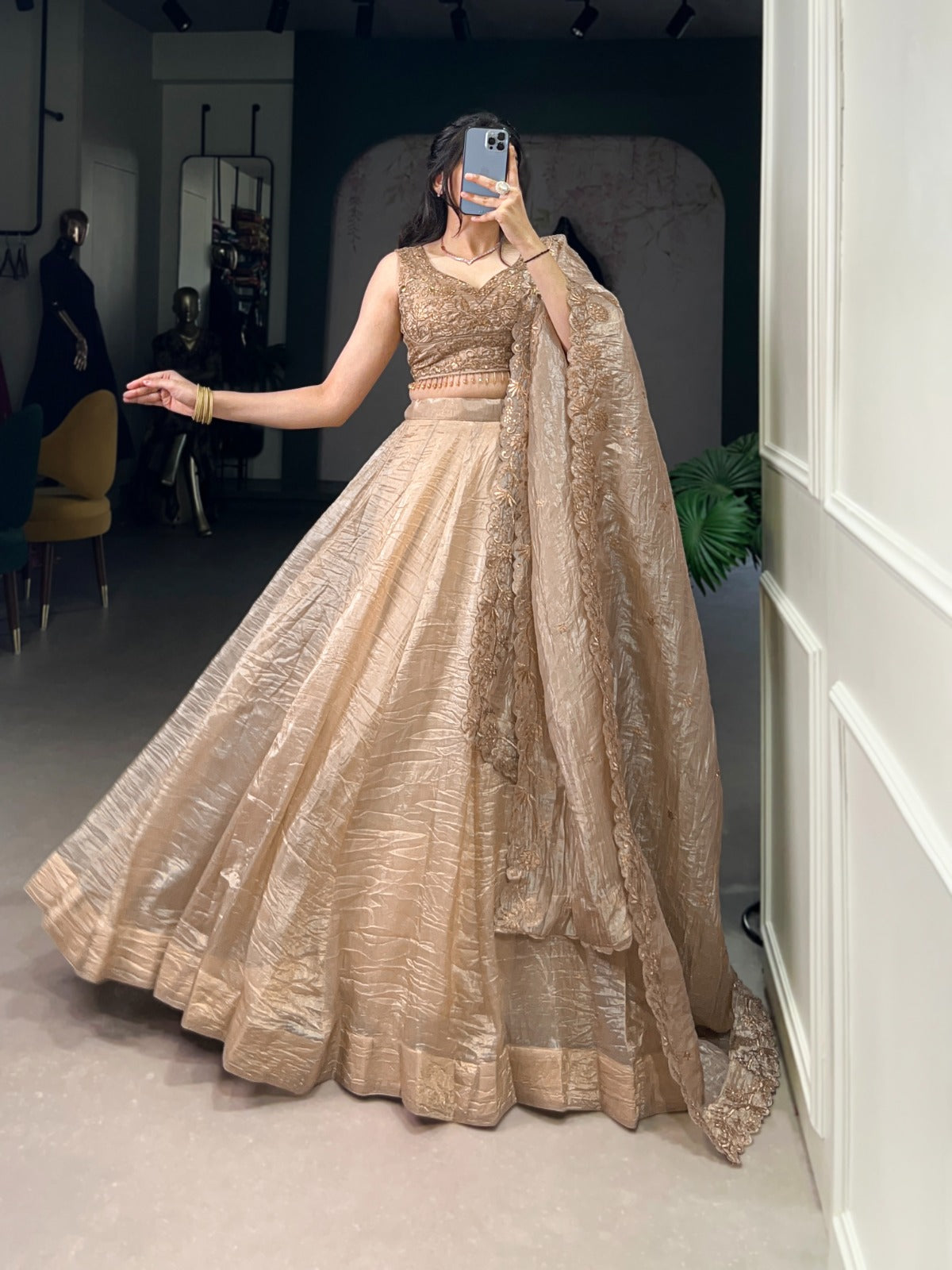 Luminous Chikoo Gold Crush Sequins Thread Worked Lehenga Choli - Festive Occasion