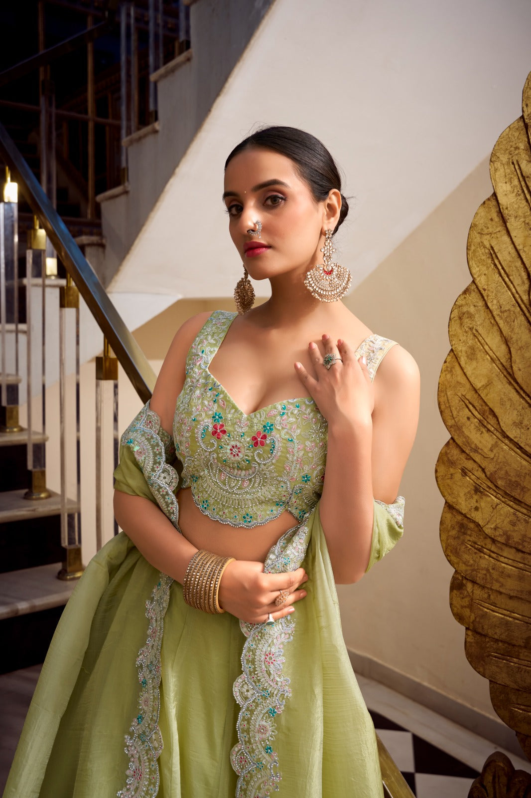 Pista Gold Crush Sequins Thread Diamond Worked Lehenga Choli -Wedding Wear