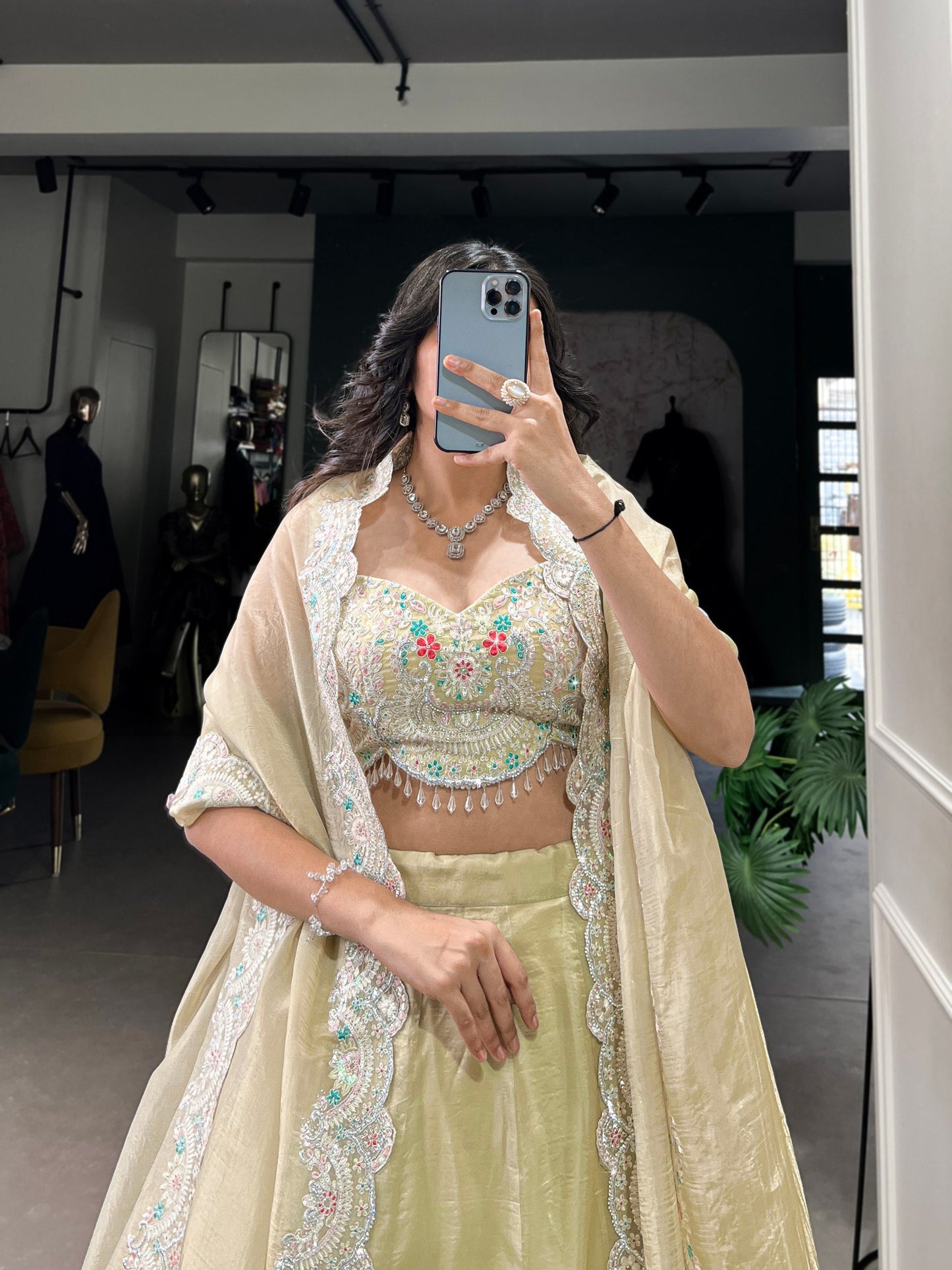 Pista Gold Crush Sequins Thread Diamond Worked Lehenga Choli -Wedding Wear