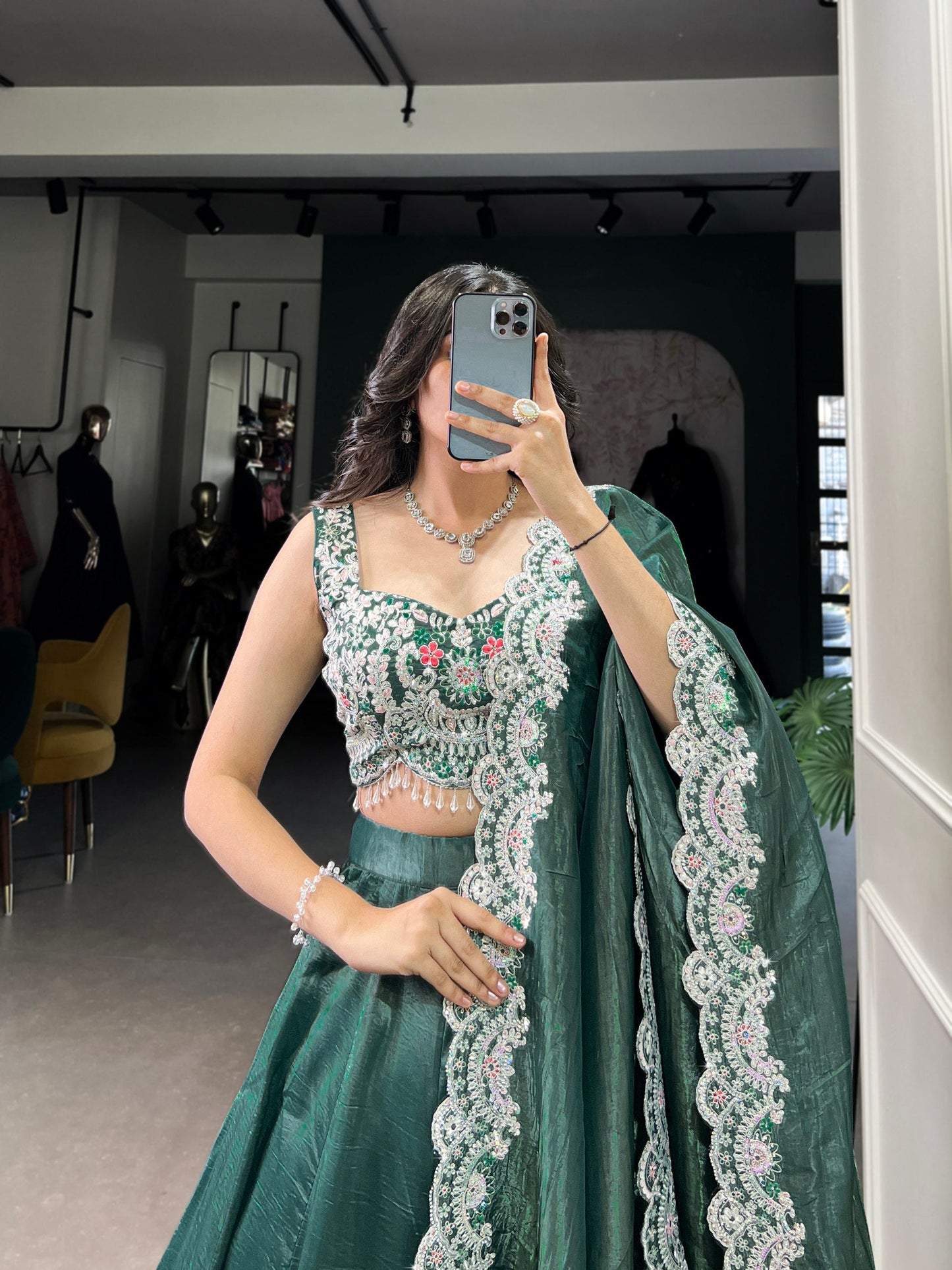 Pista Gold Crush Sequins Thread Diamond Worked Lehenga Choli -Wedding Wear