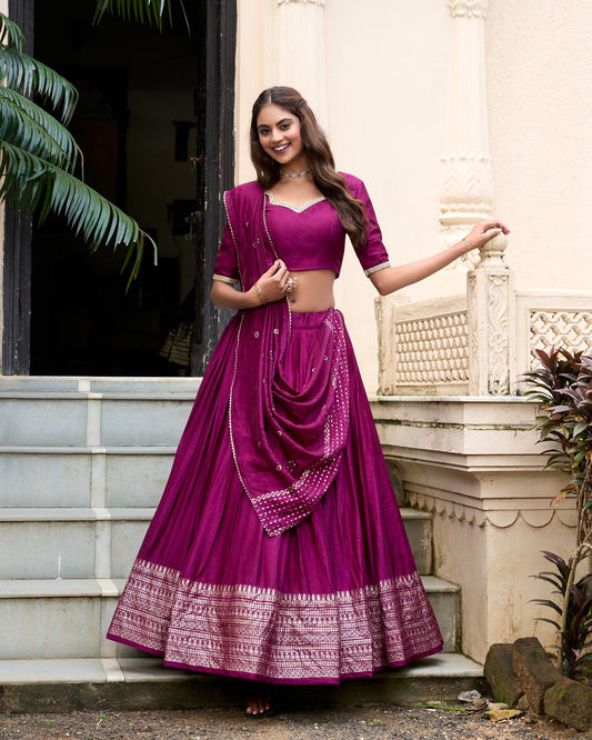 Resplendent Pure Chanderi Silk Zari Weaving Worked Lehenga Choli - INDIAN ELEGANCE
