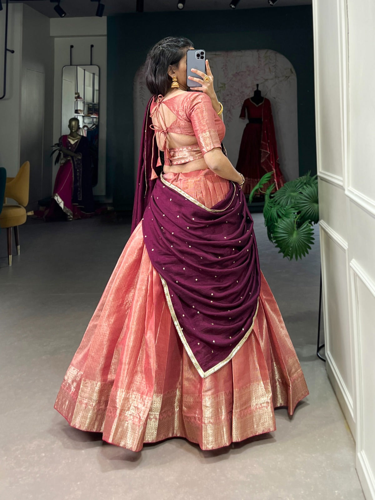 Majestic Kanchipuram Silk Zari Weaving Worked Lehenga Choli - INDIAN ELEGANCE
