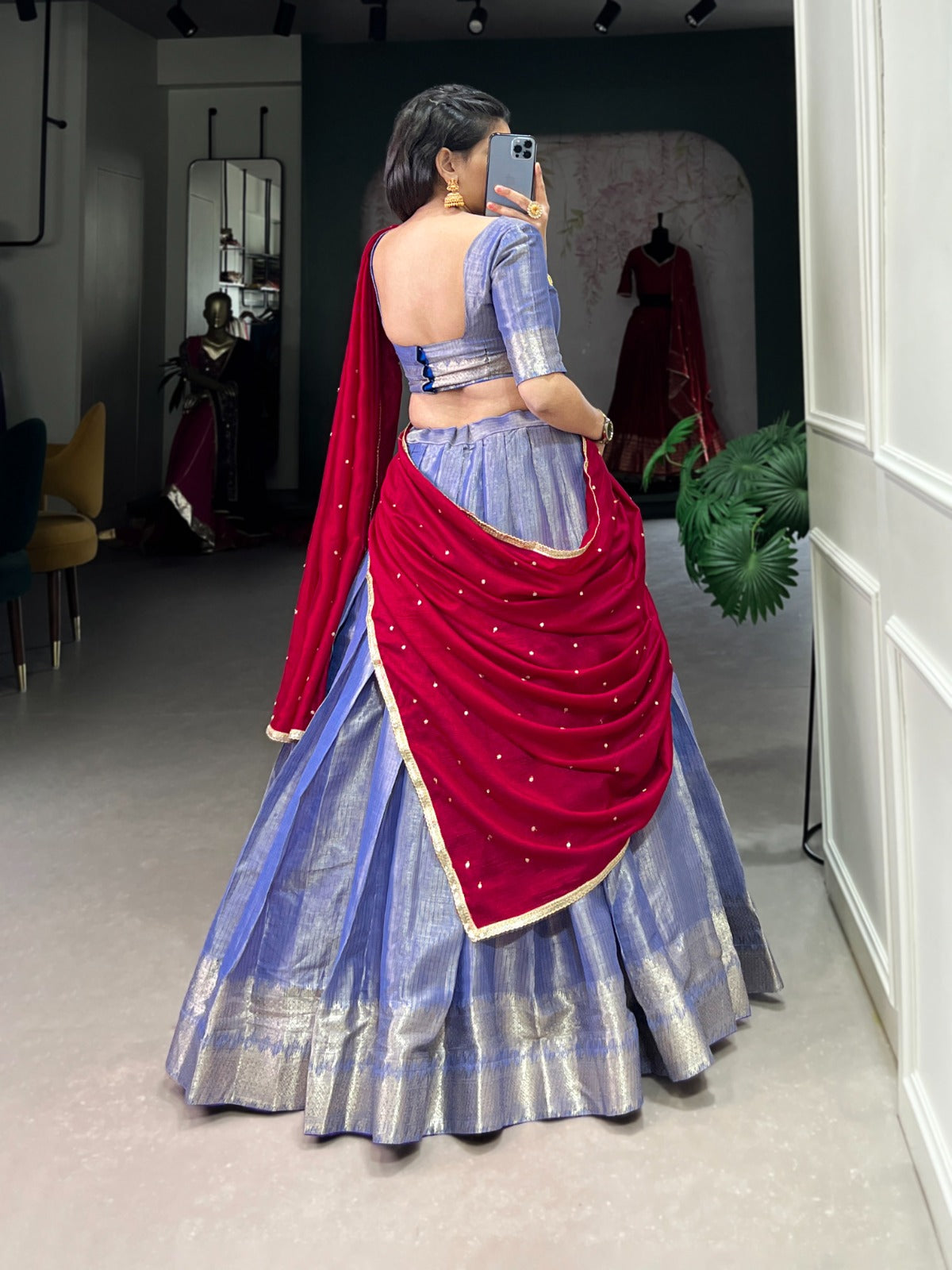 Majestic Kanchipuram Silk Zari Weaving Worked Lehenga Choli - INDIAN ELEGANCE