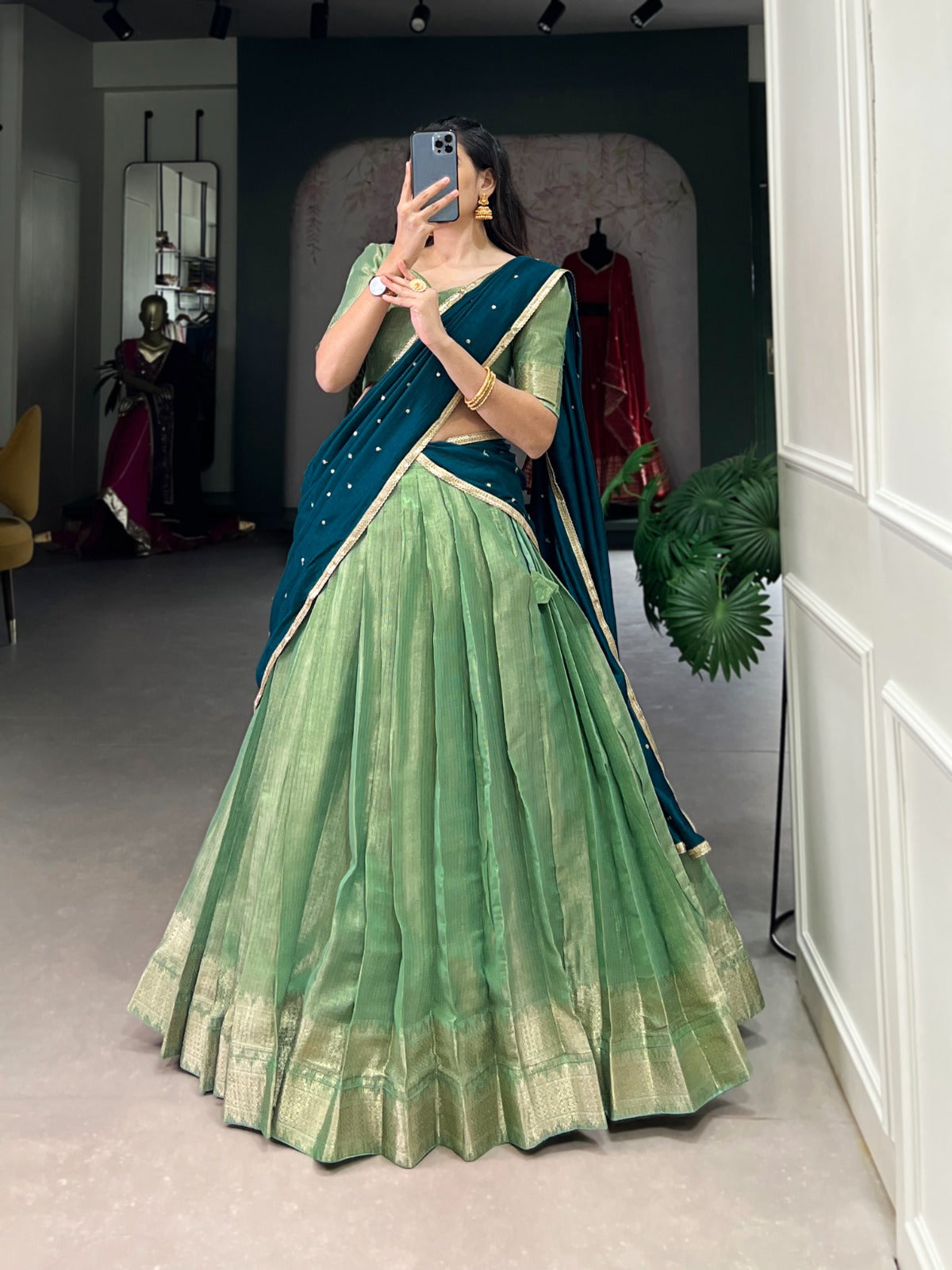 Majestic Kanchipuram Silk Zari Weaving Worked Lehenga Choli - INDIAN ELEGANCE