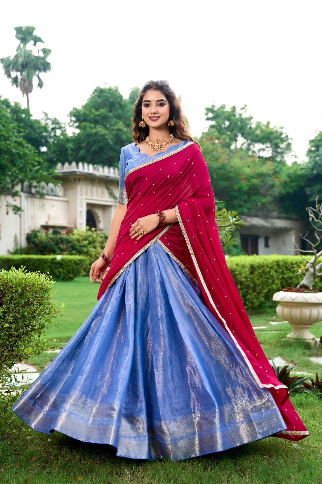 Majestic Kanchipuram Silk Zari Weaving Worked Lehenga Choli - INDIAN ELEGANCE