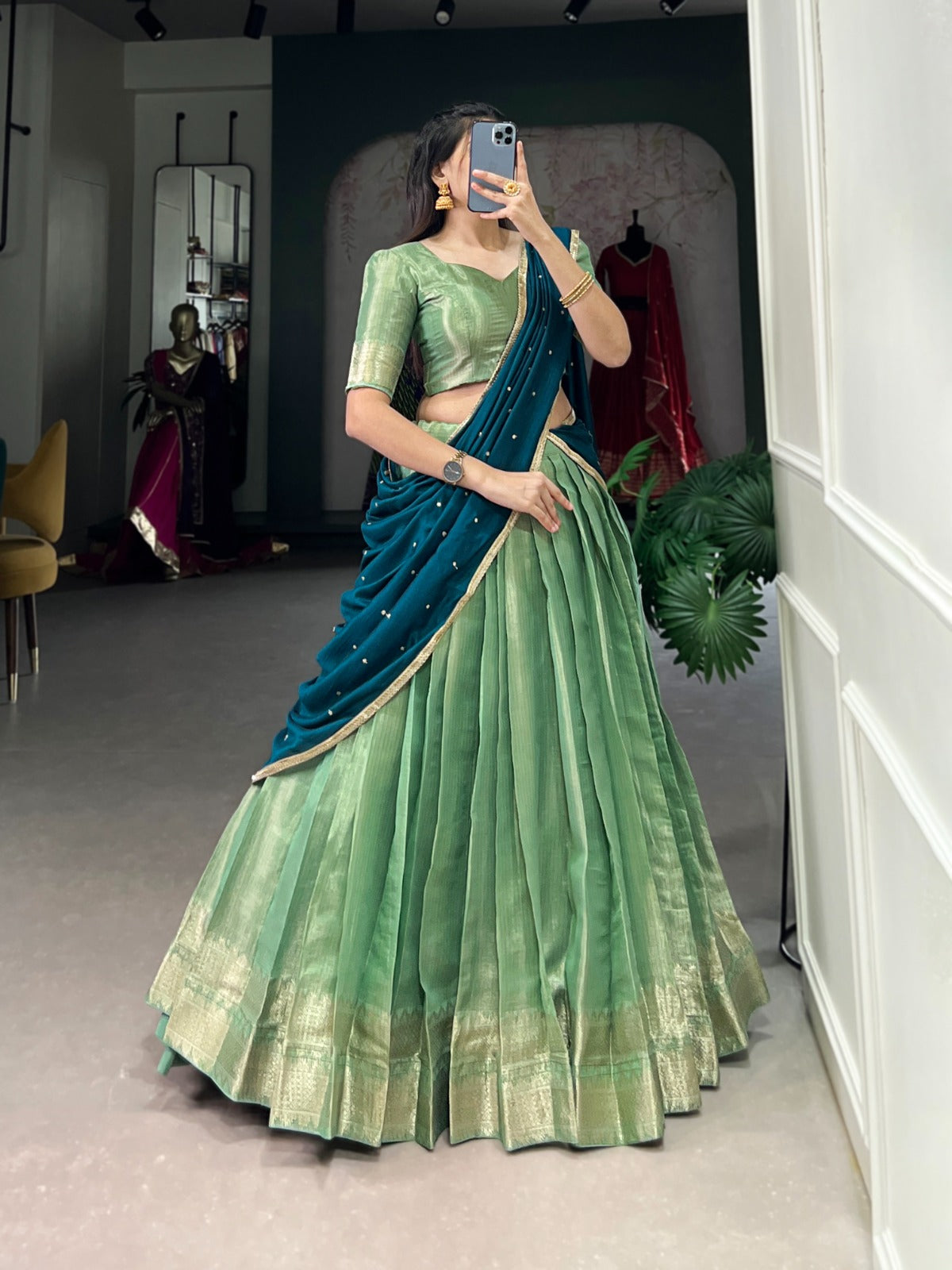 Majestic Kanchipuram Silk Zari Weaving Worked Lehenga Choli - INDIAN ELEGANCE
