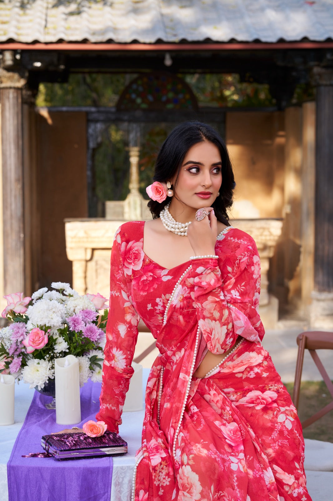 Beautiful Georgette Floral Digital Printed Saree - Perfect For Wedding & Festive