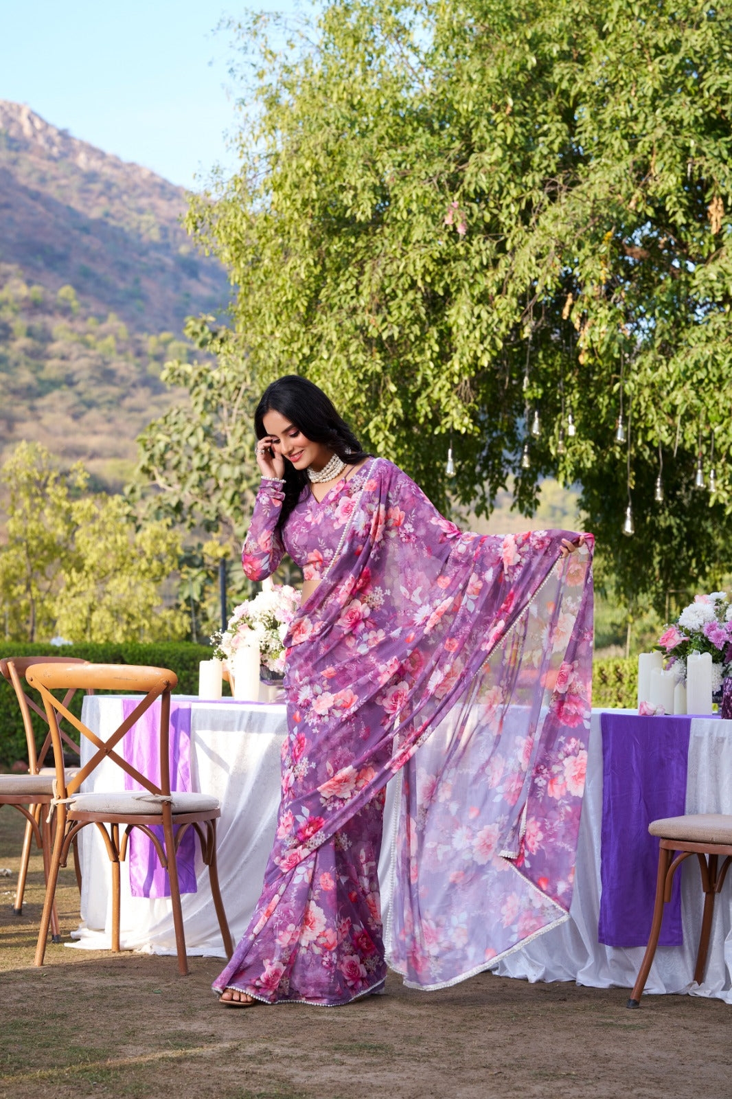 Beautiful Georgette Floral Digital Printed Saree - Perfect For Wedding & Festive