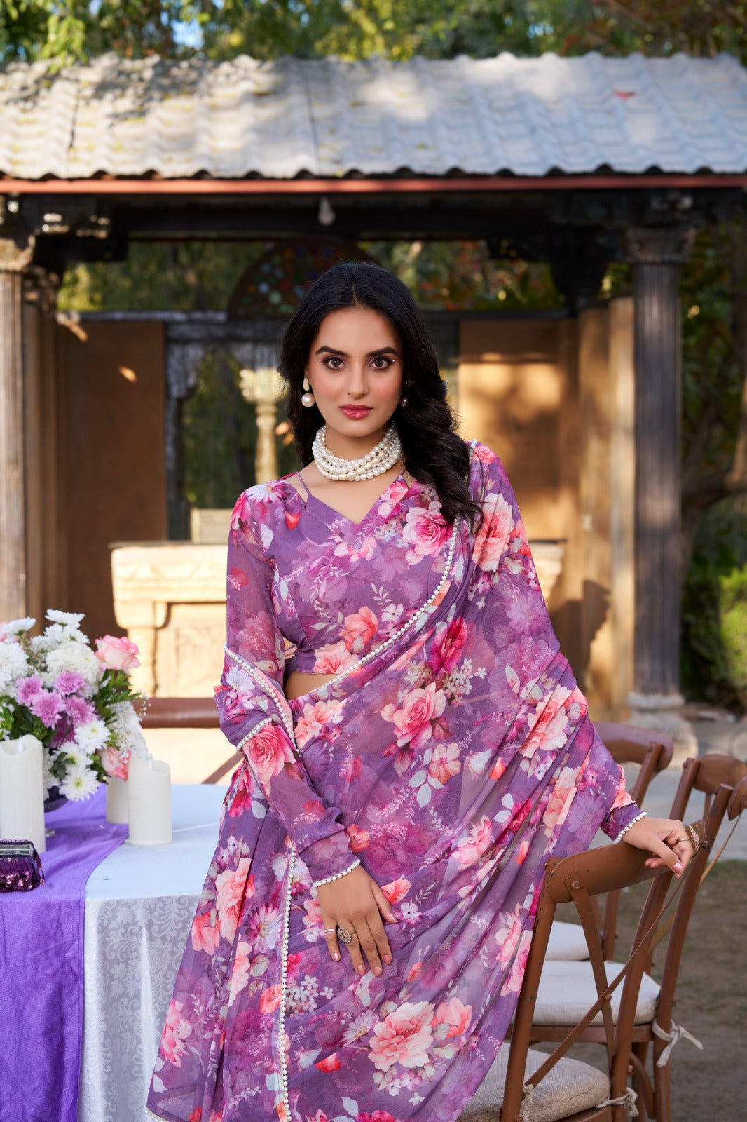 Beautiful Georgette Floral Digital Printed Saree - Perfect For Wedding & Festive