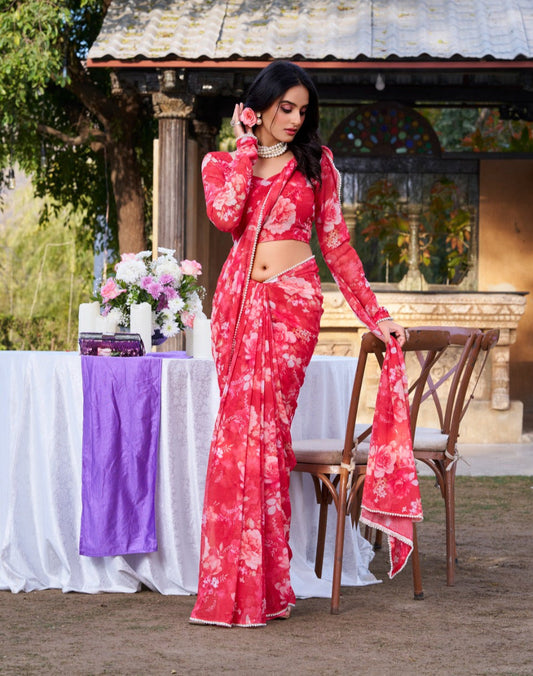 Beautiful Georgette Floral Digital Printed Saree - Perfect For Wedding & Festive