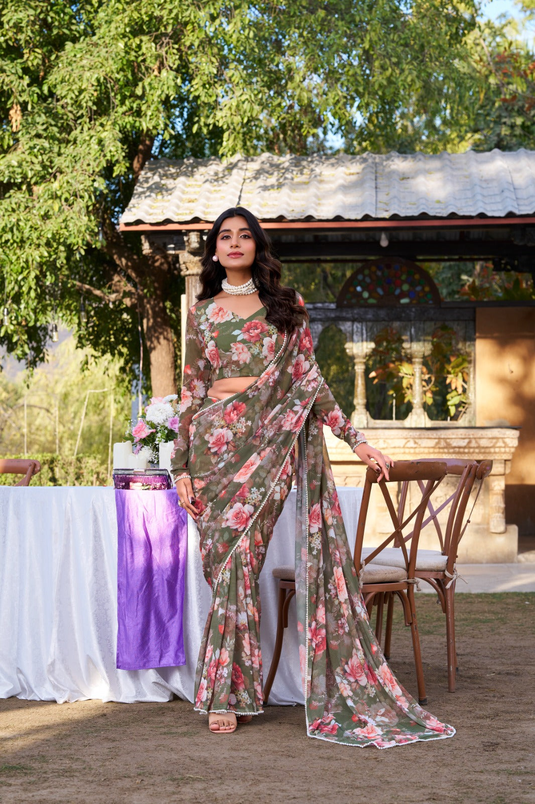 Beautiful Georgette Floral Digital Printed Saree - Perfect For Wedding & Festive