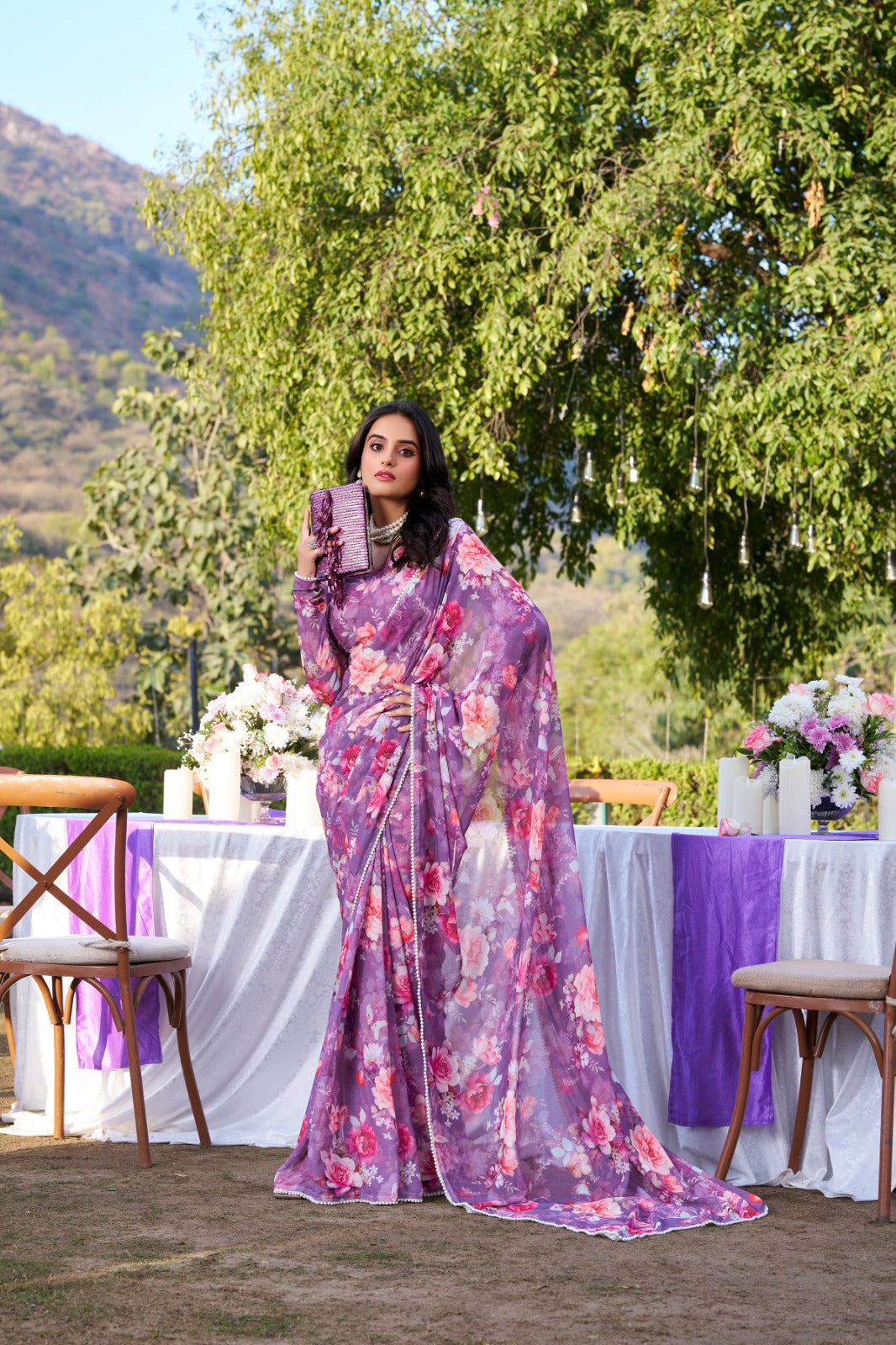 Beautiful Georgette Floral Digital Printed Saree - Perfect For Wedding & Festive