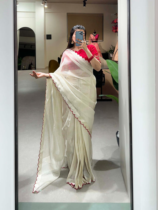 Resplendent White Manipuri Tussar Arca Worked Saree With Handworked Blouse - INDIAN ELEGANCE