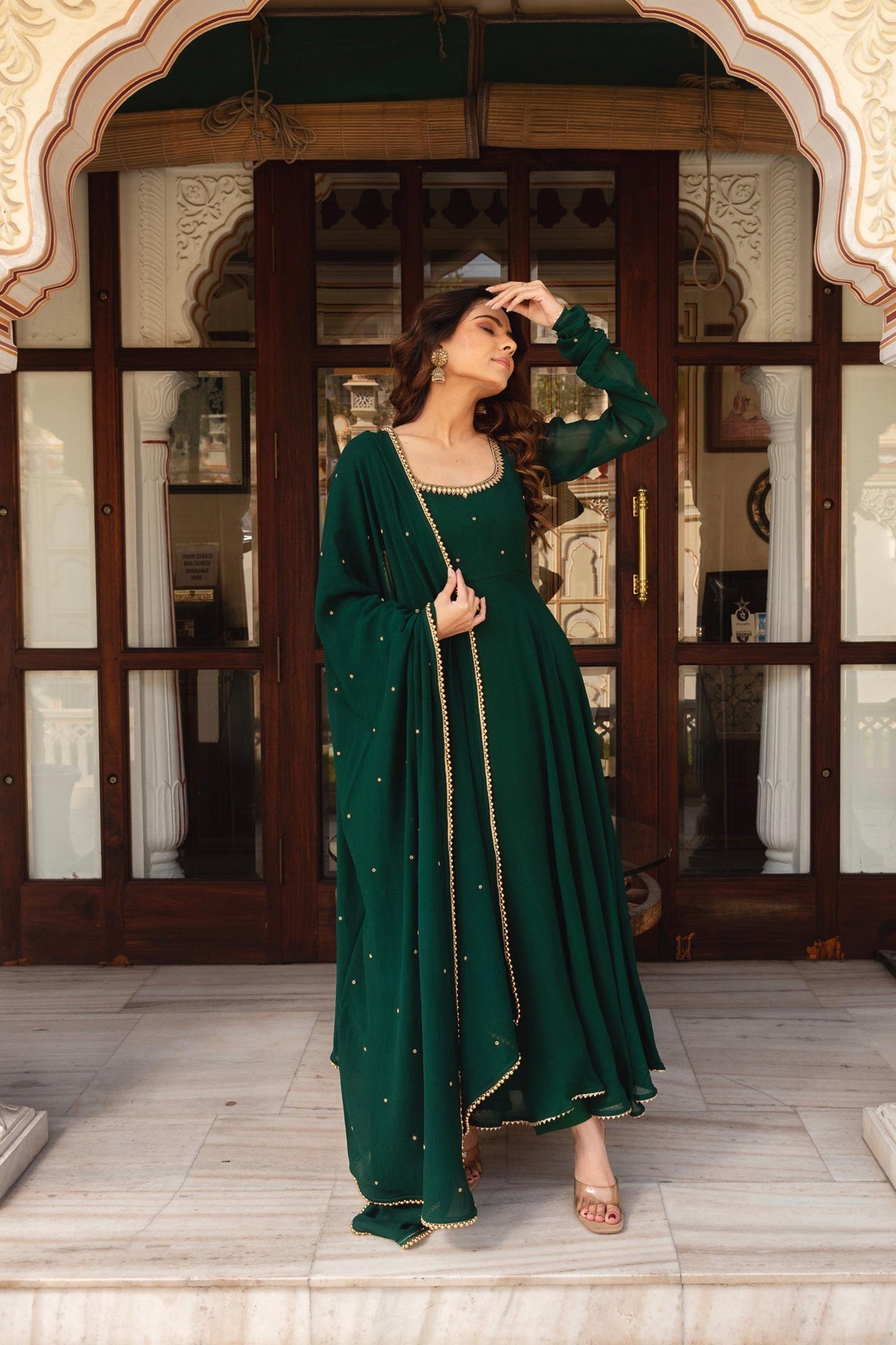 Royal Green Anarkali Suit Set with Pearl Border Dupatta -Festive Occasion