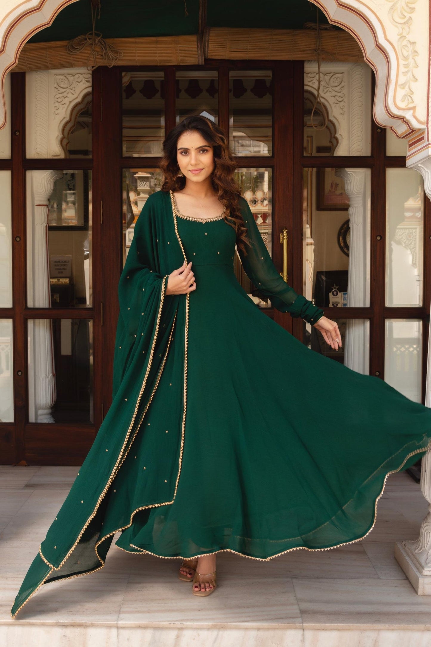 Royal Green Anarkali Suit Set with Pearl Border Dupatta -Festive Occasion