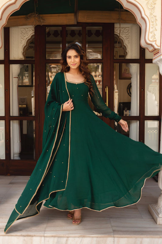 Royal Green Anarkali Suit Set with Pearl Border Dupatta -Festive Occasion