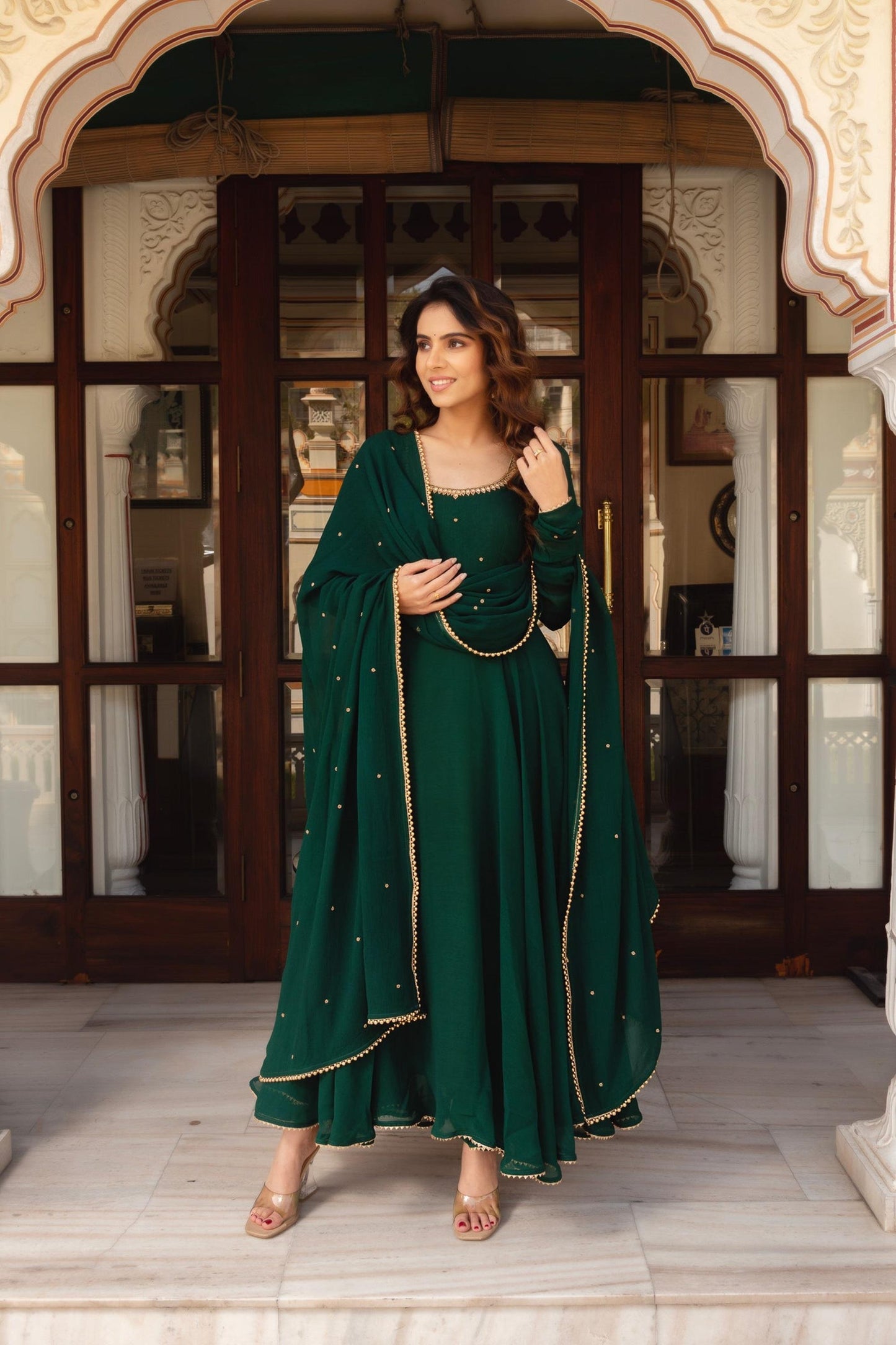 Royal Green Anarkali Suit Set with Pearl Border Dupatta -Festive Occasion