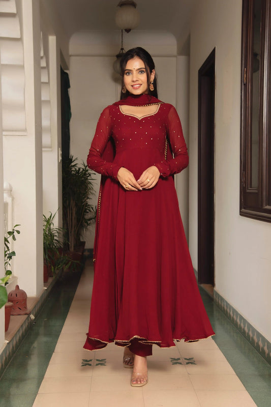 Premium Maroon Fox  Georgette Fully Flair Anarkali Suit -Festive Wear
