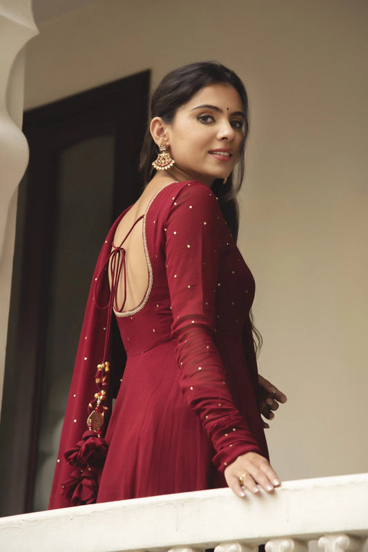 Premium Maroon Fox  Georgette Fully Flair Anarkali Suit -Festive Wear