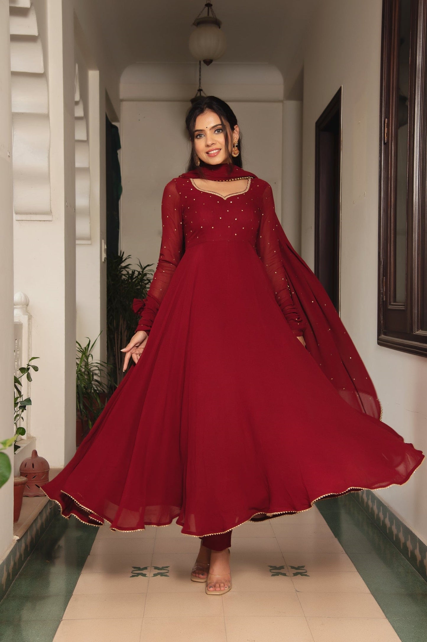 Premium Maroon Fox  Georgette Fully Flair Anarkali Suit -Festive Wear