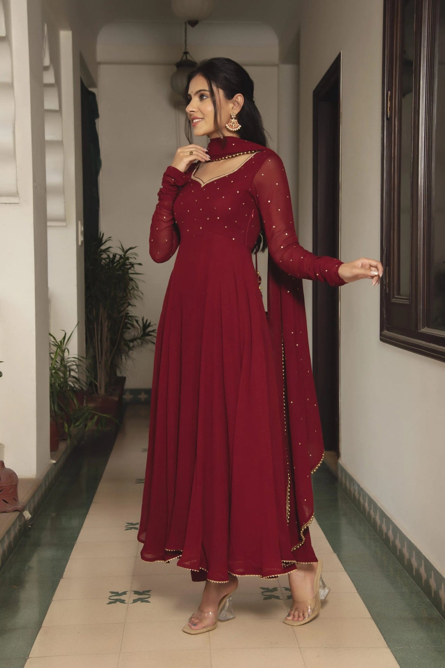 Premium Maroon Fox  Georgette Fully Flair Anarkali Suit -Festive Wear