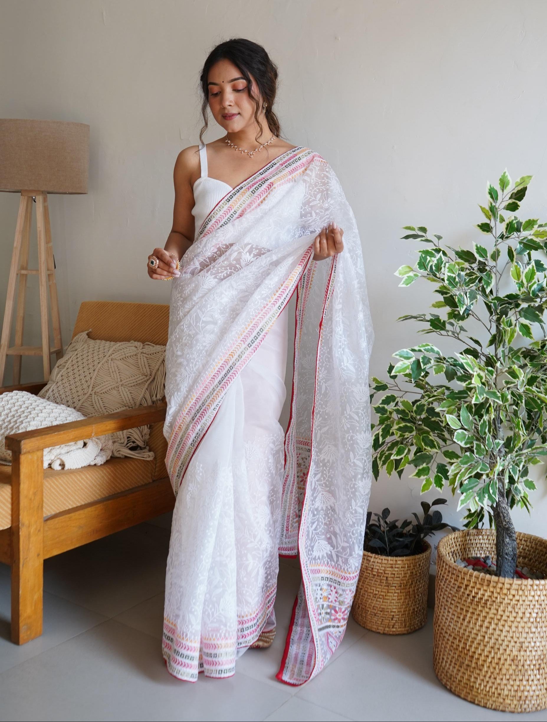 Gorgeous Organza Lucknowi Cotton Thread Embroidered Worked Saree - INDIAN ELEGANCE