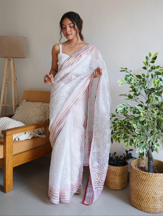 Gorgeous Organza Lucknowi Cotton Thread Embroidered Worked Saree - INDIAN ELEGANCE