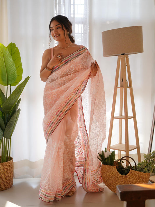 Gorgeous Organza Lucknowi Cotton Thread Embroidered Worked Saree - INDIAN ELEGANCE