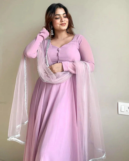 Lavender Faux Georgette Fully Stitched Anarkali Pant Suit - INDIAN ELEGANCE
